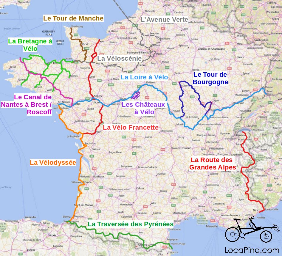 Map of the main cycling routes and long distance biking itineraries in France