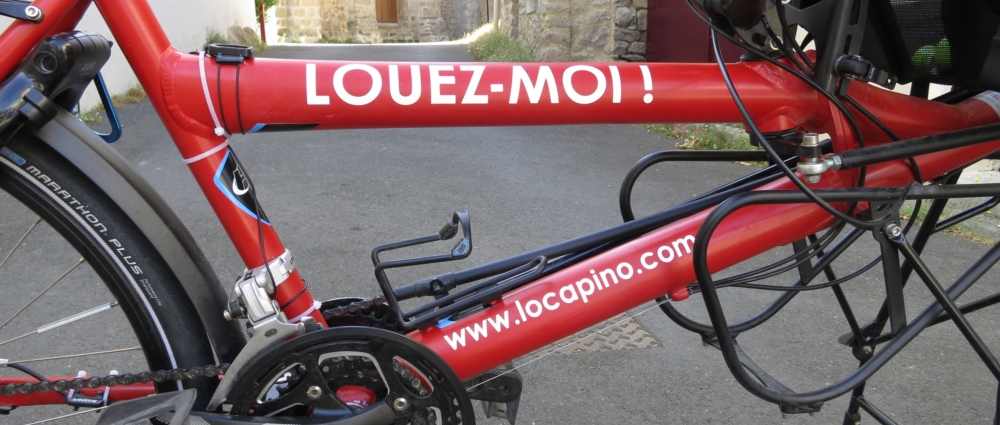 A Pino tandem from Hase Bikes with a Rent me / Hire me label on it