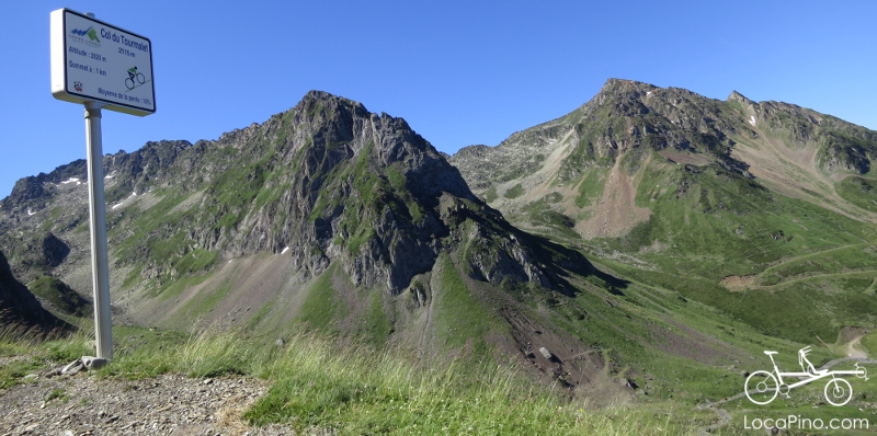 Landscape and view from the Col du Tourmalet when crossing the Pyrenees on a Pino tandem bicycle