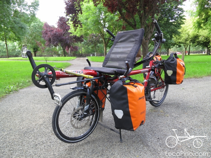 A Hase Pino tandem bike loaded with Ortlien panniers in a camp site in France