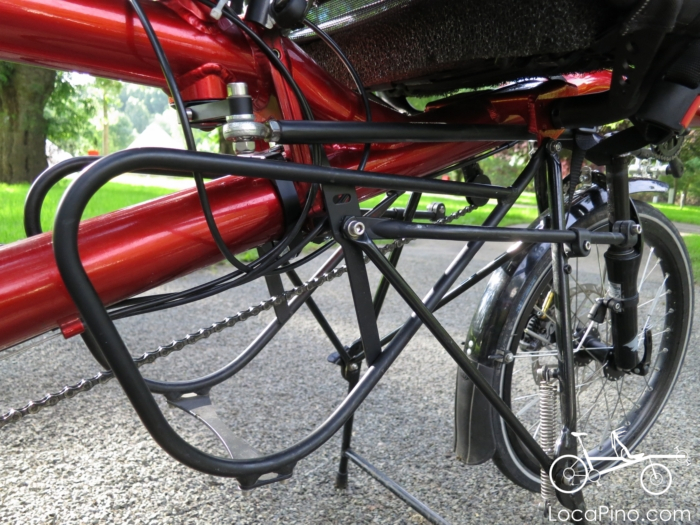 Detailed view of the 100 kg kick stand and the low rider on a Pino tandem bike