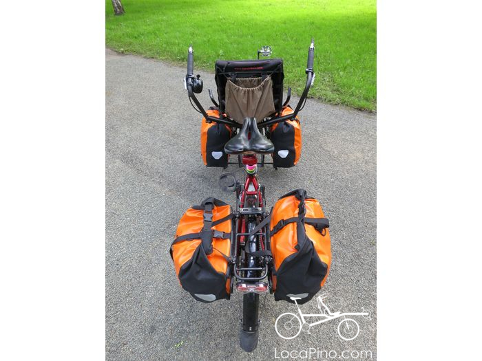 Bird view of a Hase Pino tandem bike loaded for bicycle touring / bikepacking